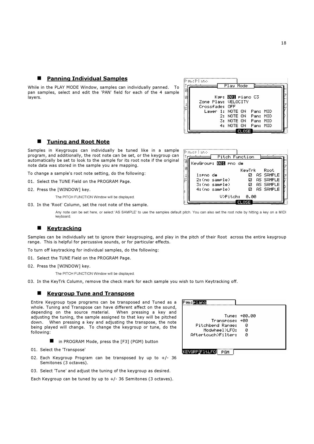 Akai MPC5000 manual „ Panning Individual Samples, „ Tuning and Root Note, „ Keytracking, „ Keygroup Tune and Transpose 