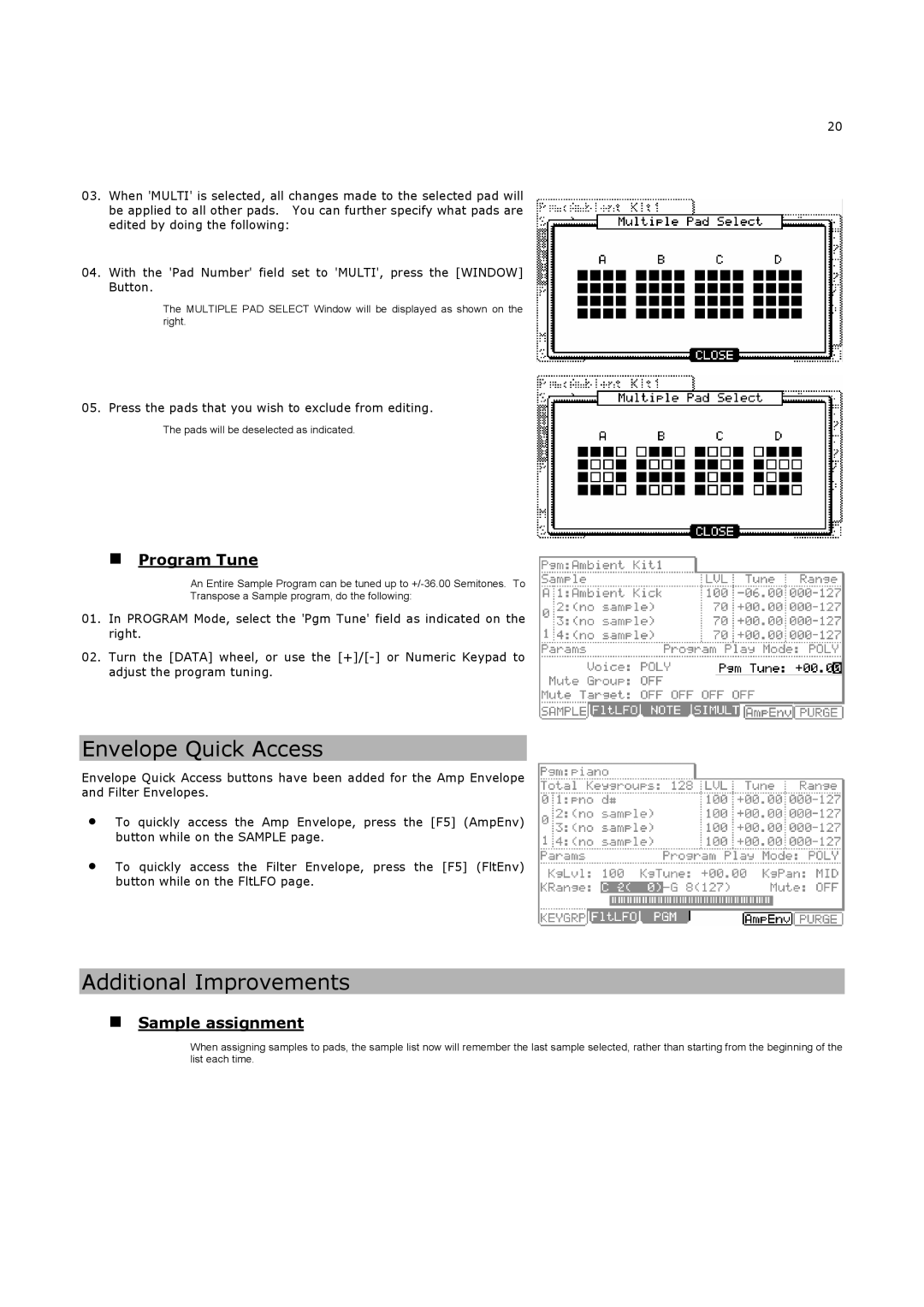 Akai MPC5000 manual Envelope Quick Access, Additional Improvements, „ Program Tune, „ Sample assignment 