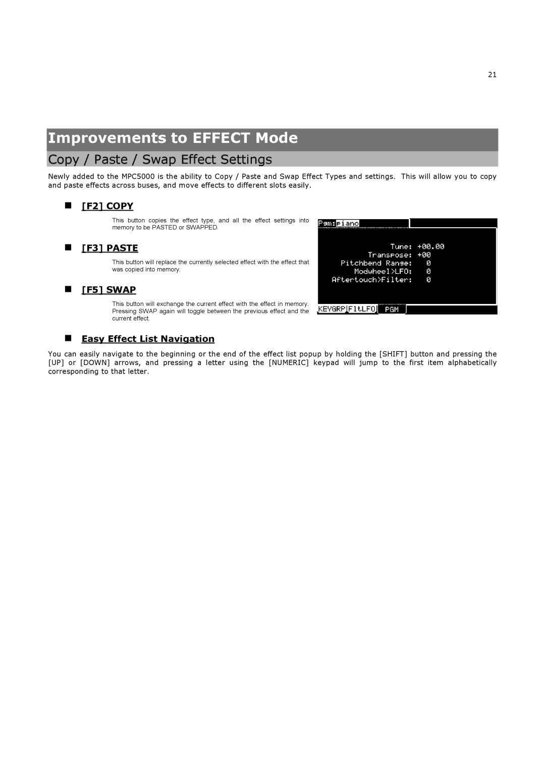 Akai MPC5000 manual Improvements to Effect Mode, Copy / Paste / Swap Effect Settings 