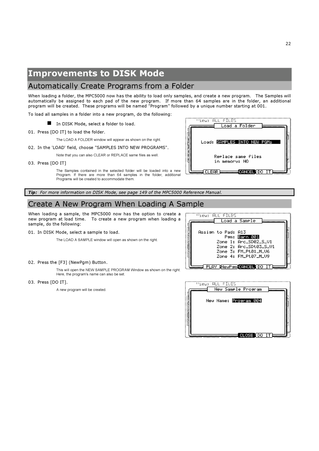 Akai MPC5000 manual Improvements to Disk Mode, Automatically Create Programs from a Folder, Press the F3 NewPgm Button 