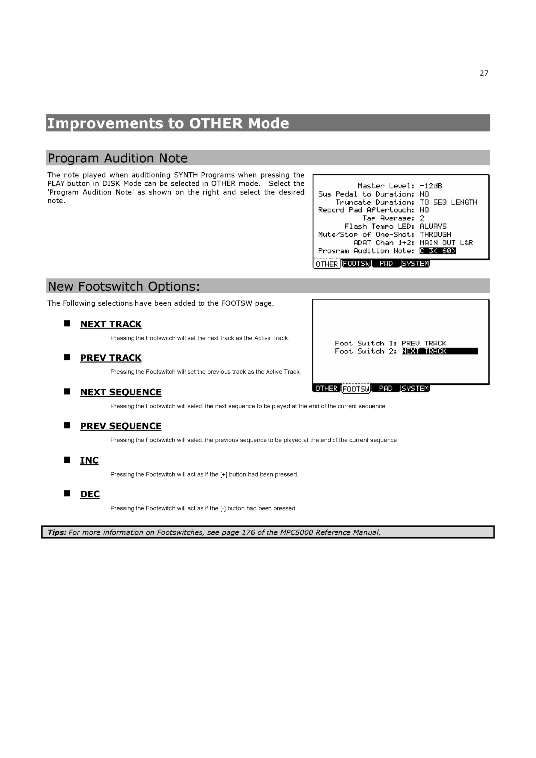 Akai MPC5000 manual Improvements to Other Mode, Program Audition Note New Footswitch Options 