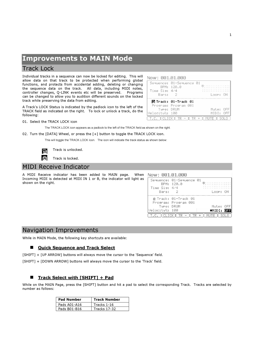 Akai MPC5000 manual Improvements to Main Mode, Track Lock, Midi Receive Indicator, Navigation Improvements 