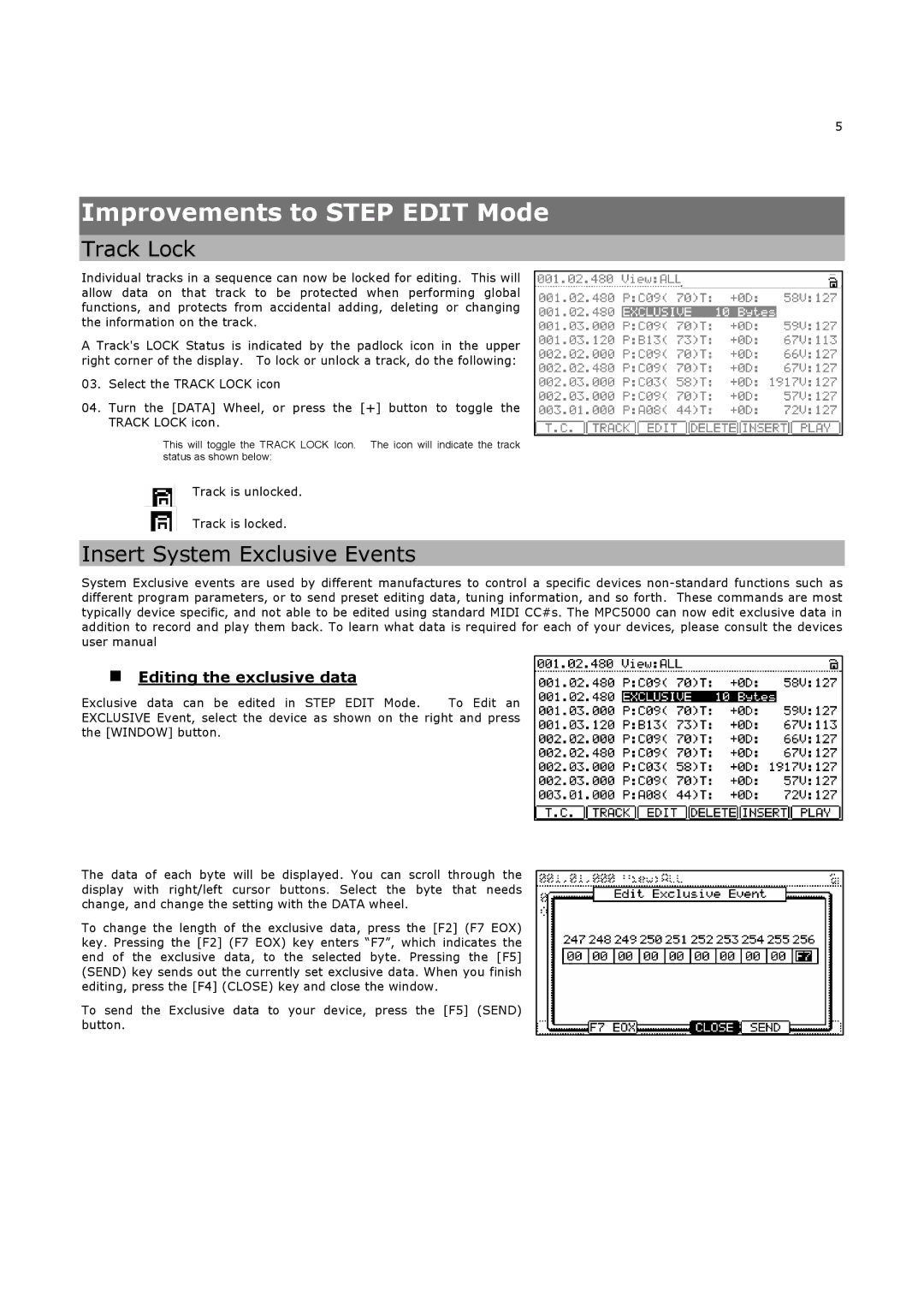 Akai MPC5000 manual Improvements to Step Edit Mode, Insert System Exclusive Events, „ Editing the exclusive data 