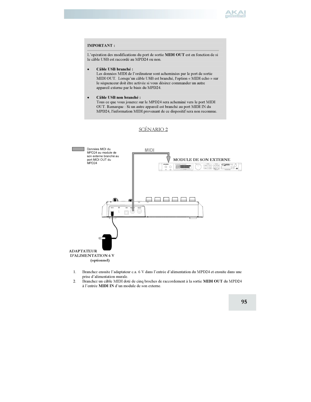 Akai MPD24 manual Câble USB branché, Câble USB non branché 