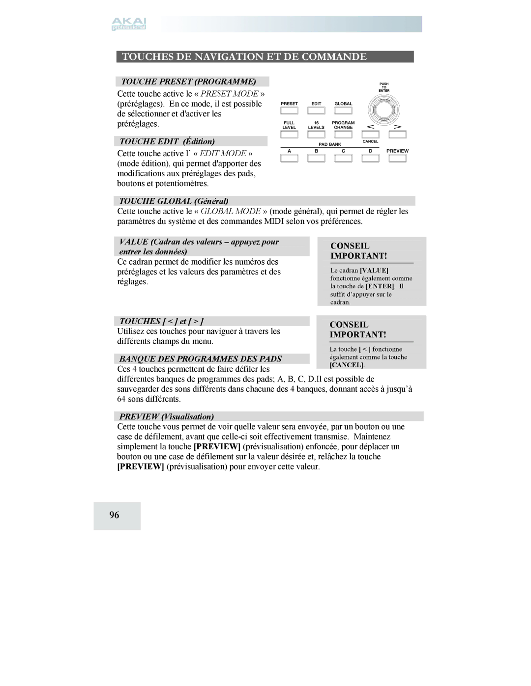 Akai MPD24 manual Touche Preset Programme 