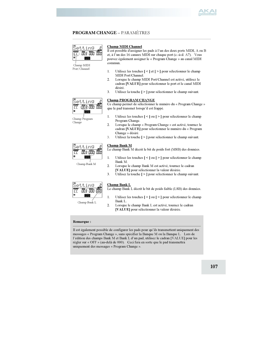 Akai MPD24 manual 107, Program Change Paramètres 