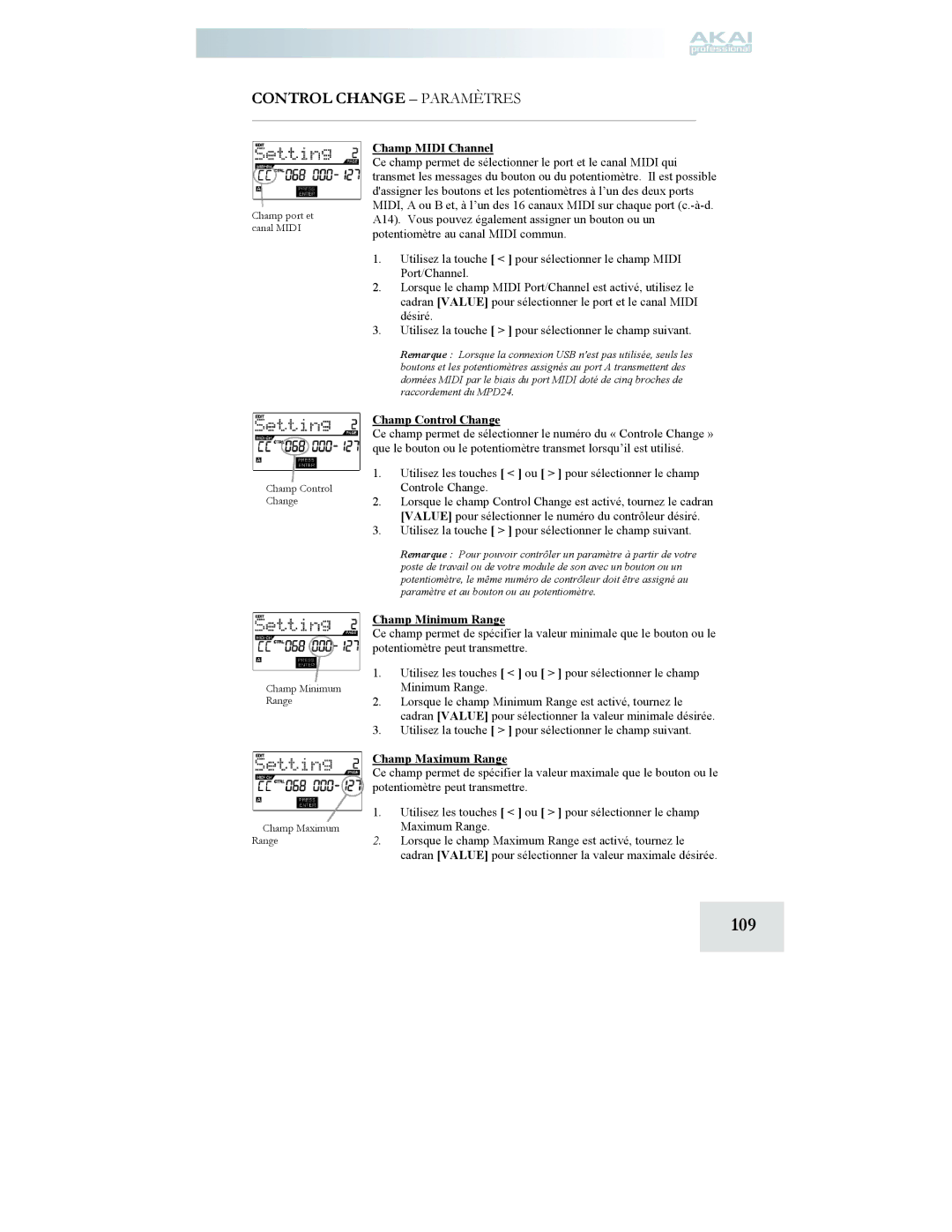 Akai MPD24 manual 109, Control Change Paramètres, Champ Control Change, Champ Minimum Range, Champ Maximum Range 