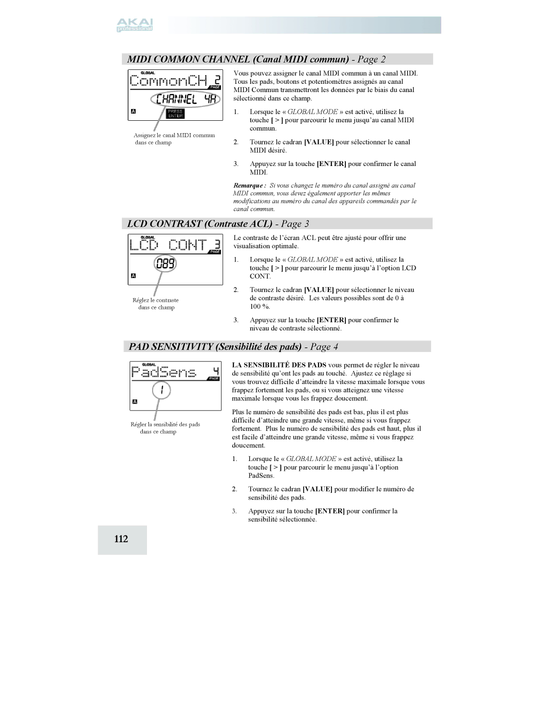 Akai MPD24 112, Midi Common Channel Canal Midi commun, LCD Contrast Contraste ACL, PAD Sensitivity Sensibilité des pads 