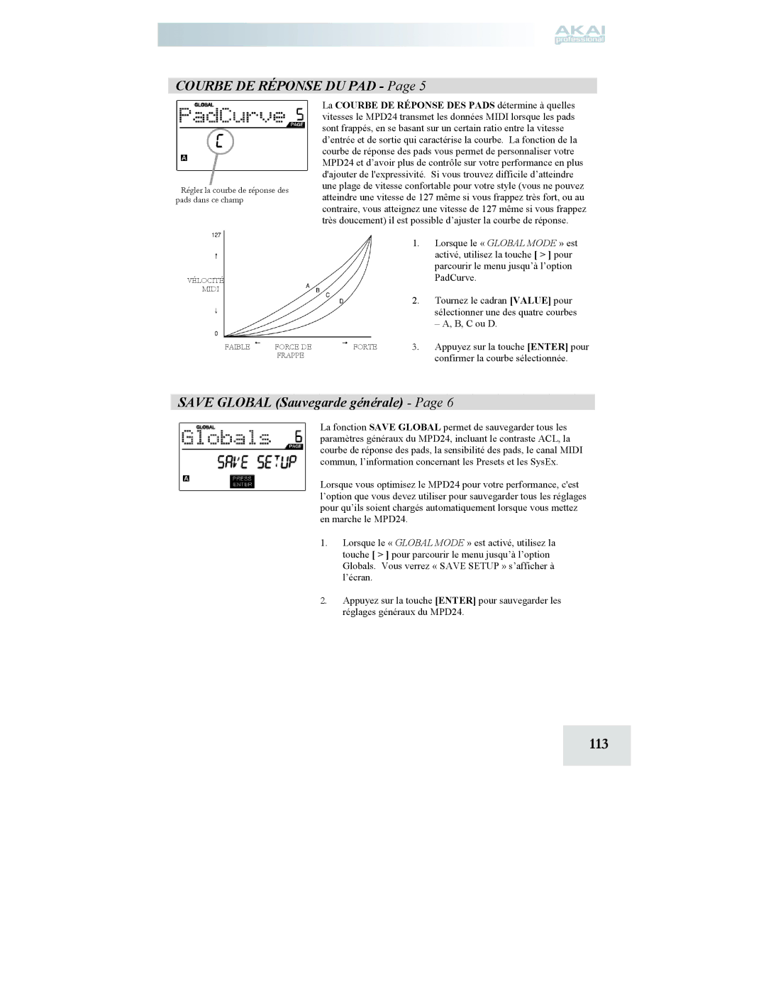 Akai MPD24 manual 113, Courbe DE Réponse DU PAD, Save Global Sauvegarde générale 