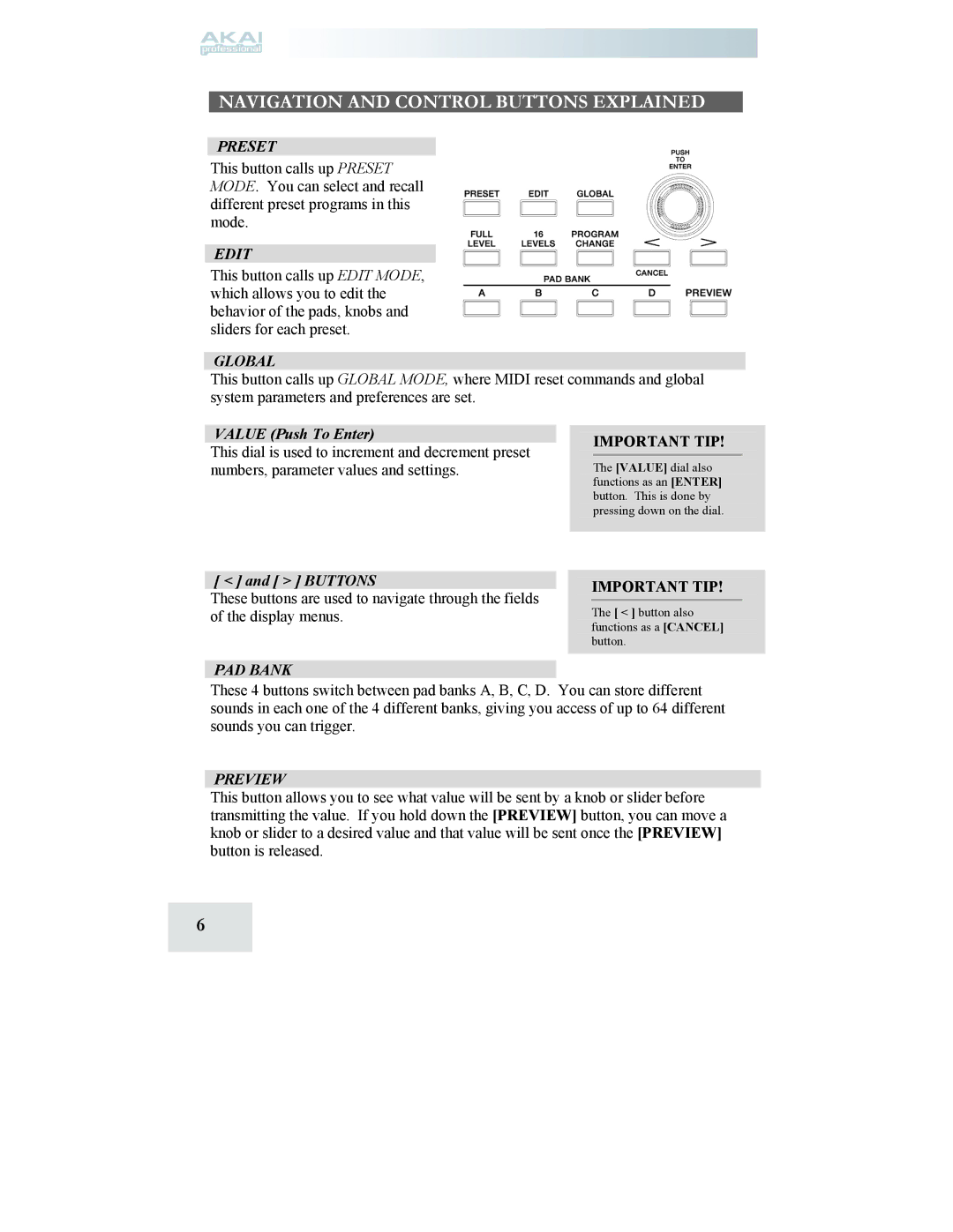 Akai MPD24 manual Preset, Edit, Global, PAD Bank, Preview 