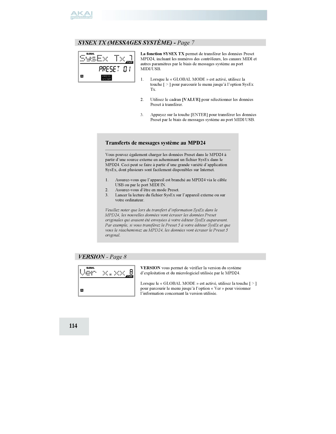 Akai manual 114, Sysex TX Messages Système, Transferts de messages système au MPD24 