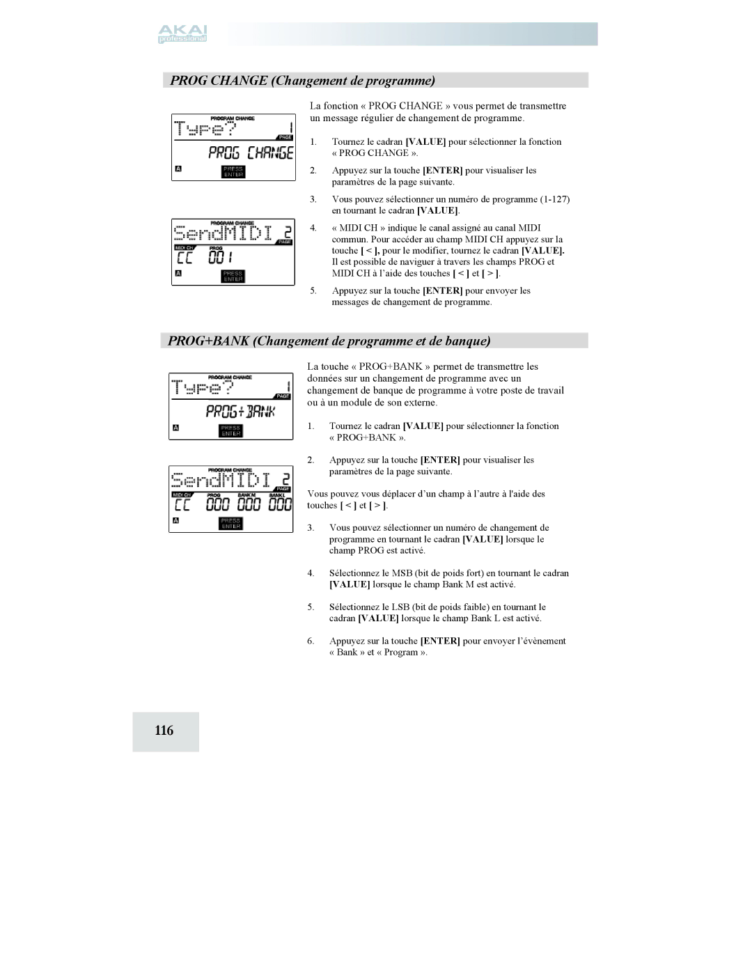 Akai MPD24 manual 116, Prog Change Changement de programme, PROG+BANK Changement de programme et de banque 