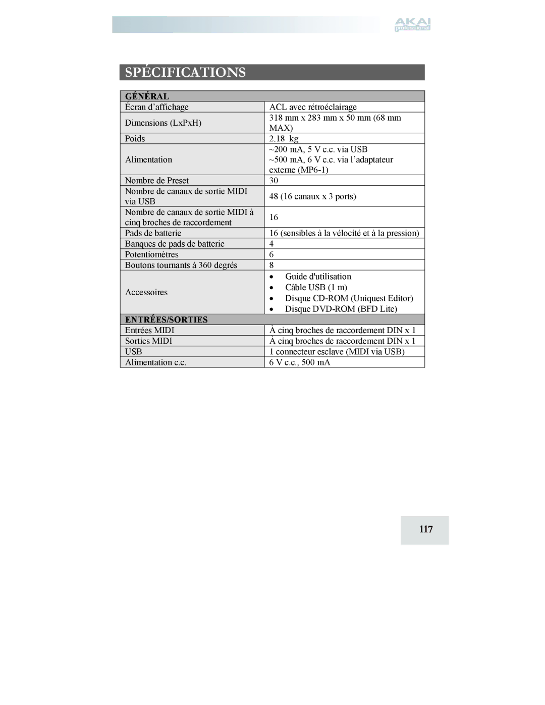 Akai MPD24 manual Spécifications, 117, Général, Entrées/Sorties 