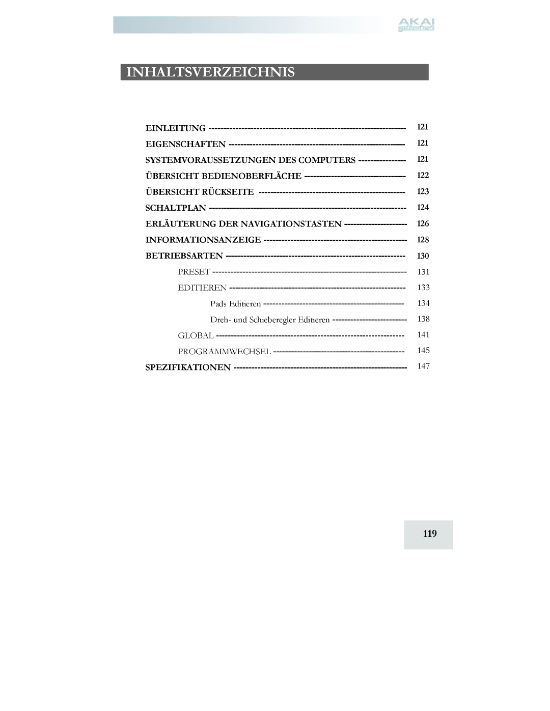 Akai MPD24 manual Inhaltsverzeichnis, 119, Systemvoraussetzungen DES Computers, Erläuterung DER Navigationstasten 