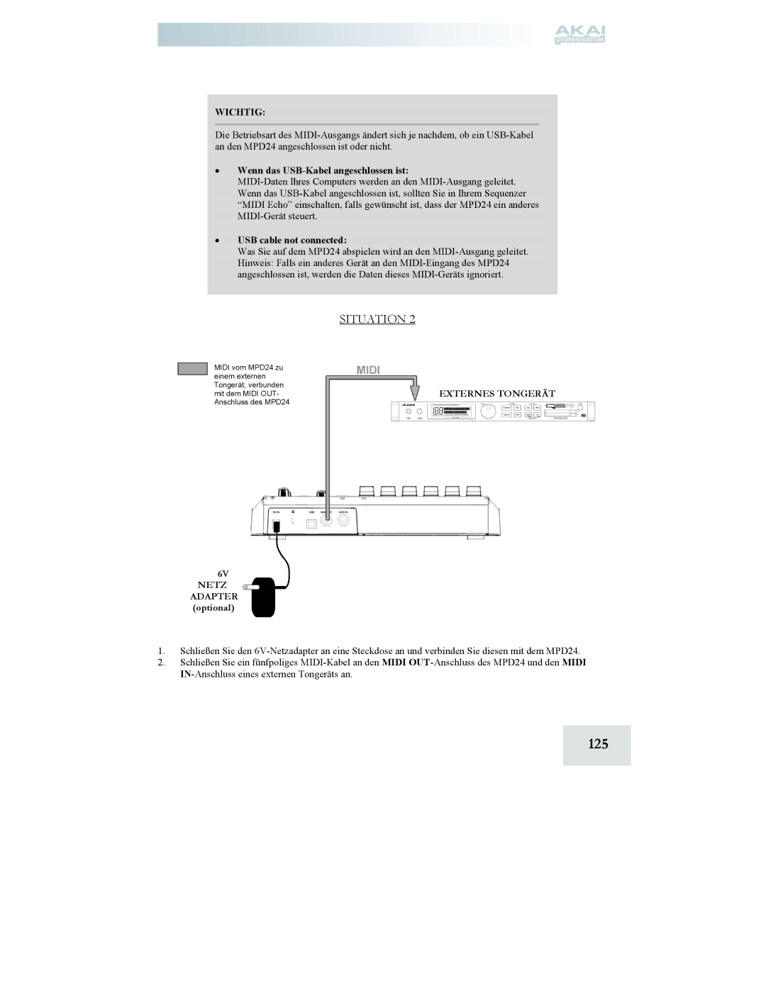 Akai MPD24 manual 125, Wenn das USB-Kabel angeschlossen ist 