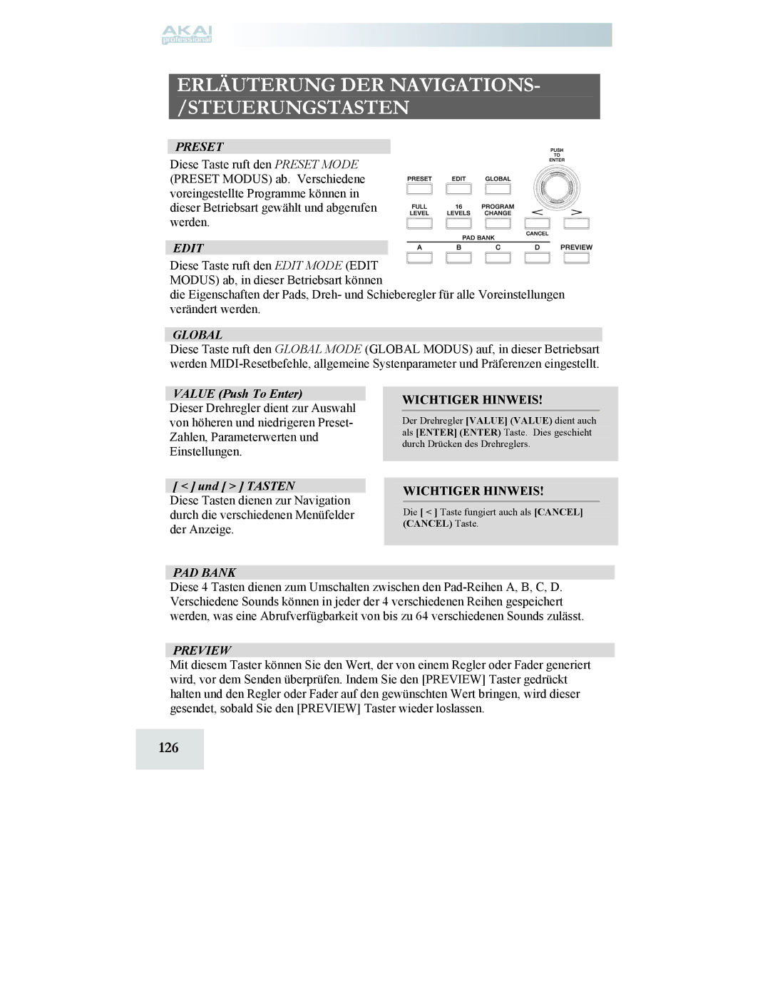 Akai MPD24 manual 126, Und Tasten, Wichtiger Hinweis, Die Taste fungiert auch als Cancel Cancel Taste 