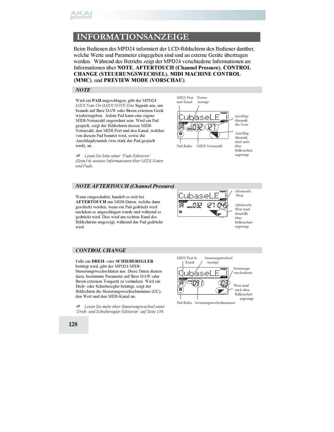 Akai MPD24 manual Informationsanzeige, 128 