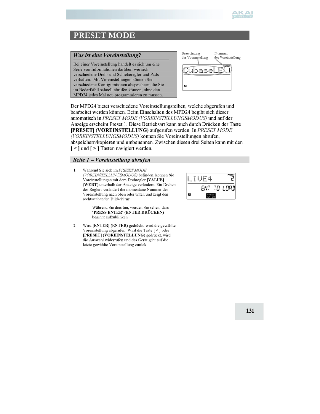 Akai MPD24 manual 131, Was ist eine Voreinstellung?, Seite 1 Voreinstellung abrufen 