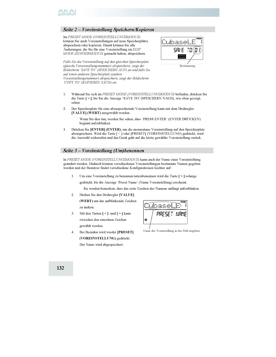 Akai MPD24 132, Seite 2 Voreinstellung Speichern/Kopieren, Seite 3 Voreinstellung Umbenennen, Voreinstellung gedrückt 