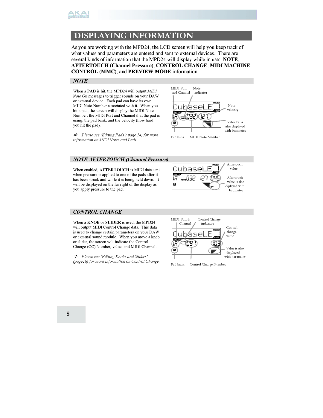 Akai MPD24 manual Displaying Information, Control Change 