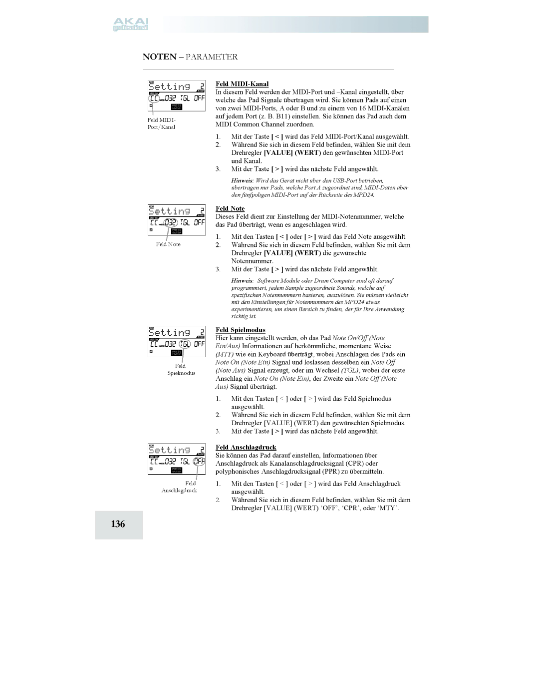 Akai MPD24 manual 136, Feld MIDI-Kanal, Feld Note, Feld Spielmodus, Feld Anschlagdruck 