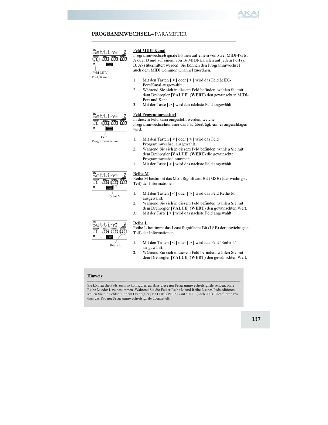 Akai MPD24 manual 137, PROGRAMMWECHSEL- Parameter 