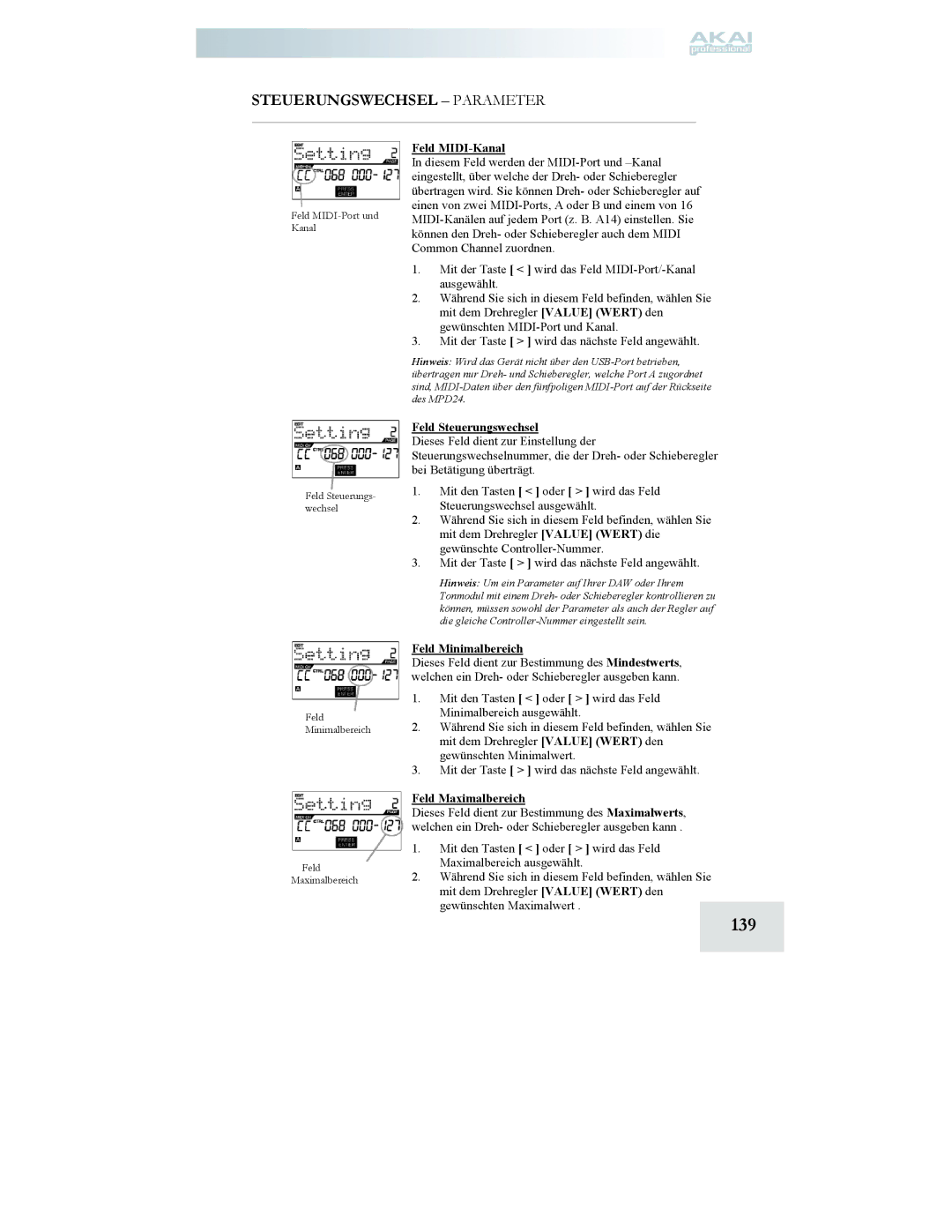 Akai MPD24 manual 139, Steuerungswechsel Parameter, Feld Steuerungswechsel, Feld Minimalbereich, Feld Maximalbereich 