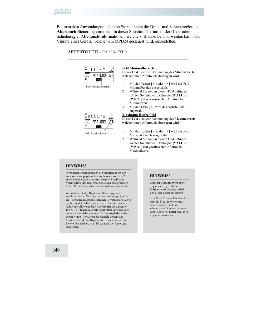 Akai MPD24 manual 140, Aftertouch Parameter, Hinweis 