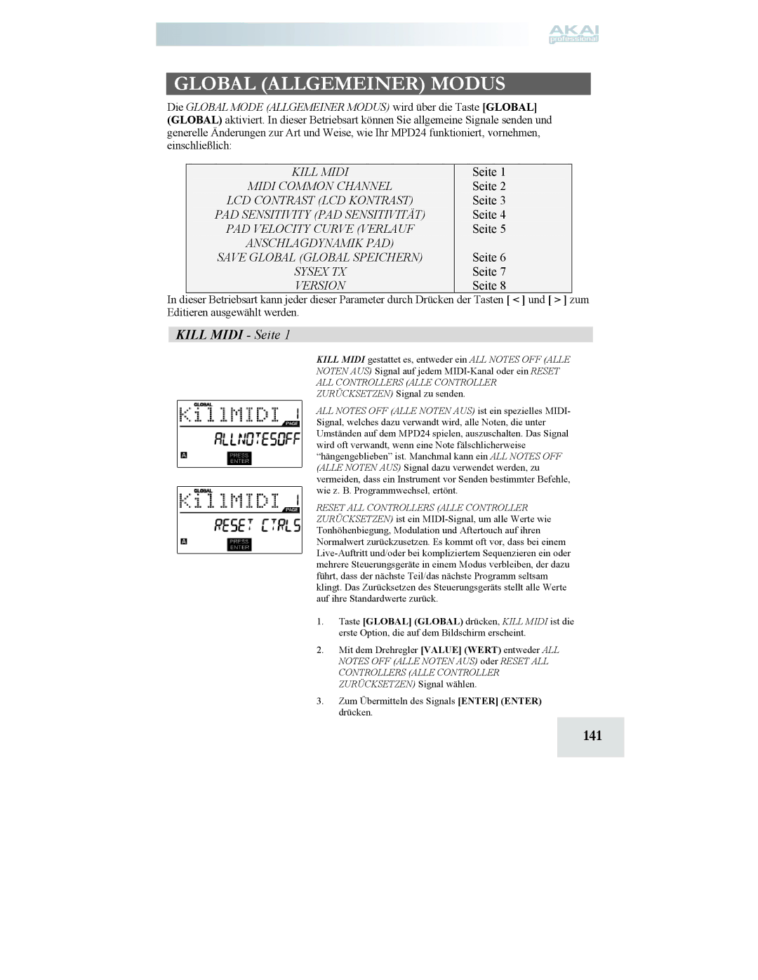 Akai MPD24 manual Global Allgemeiner Modus, 141, Kill Midi Seite, Zum Übermitteln des Signals Enter Enter drücken 