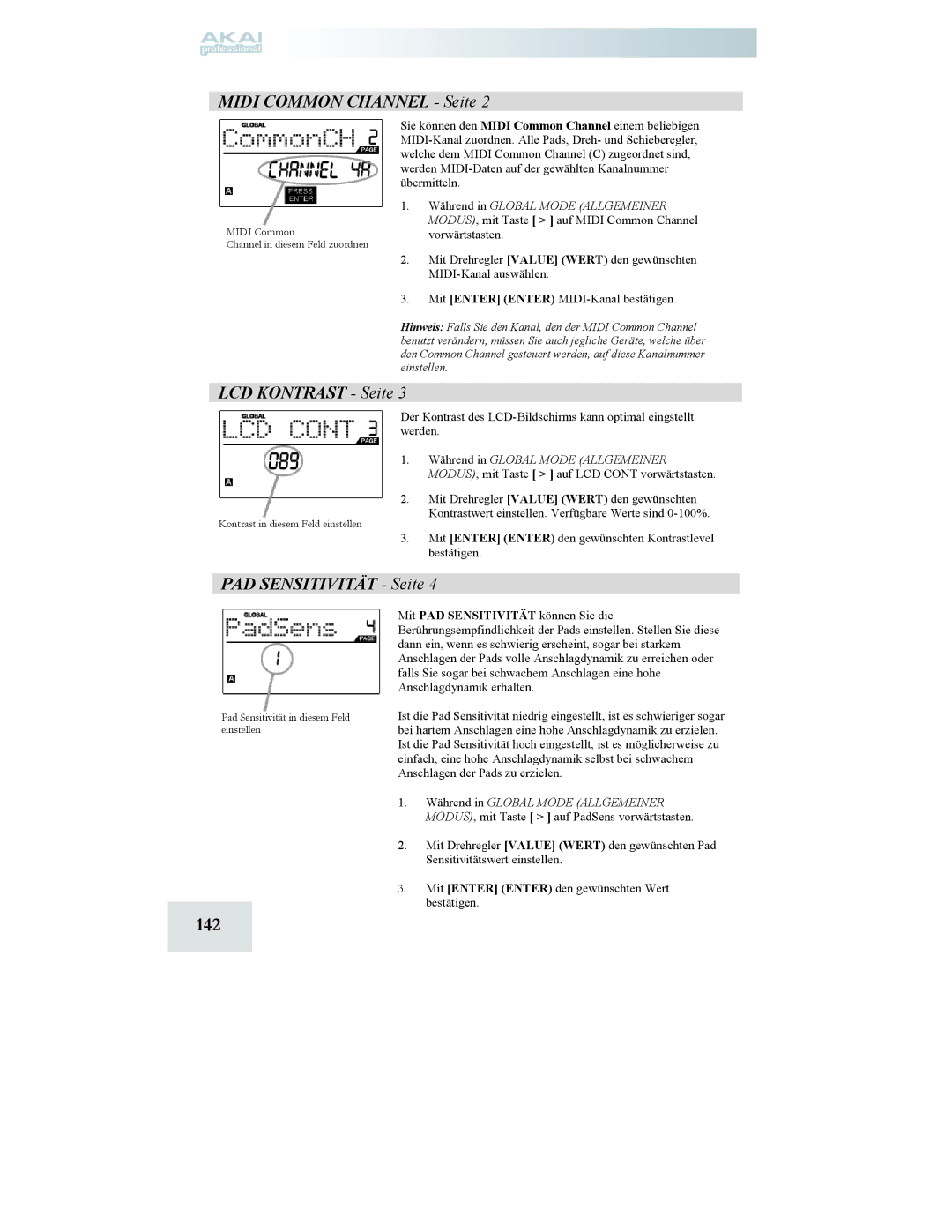 Akai MPD24 manual 142, Midi Common Channel Seite, LCD Kontrast Seite, PAD Sensitivität Seite 