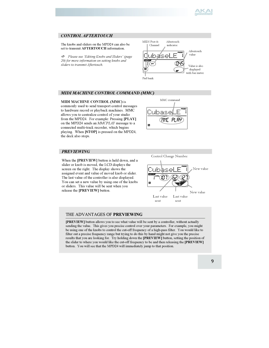 Akai MPD24 manual Control Aftertouch, Midi Machine Control Command MMC, Previewing, Midi Machine Control MMC is 