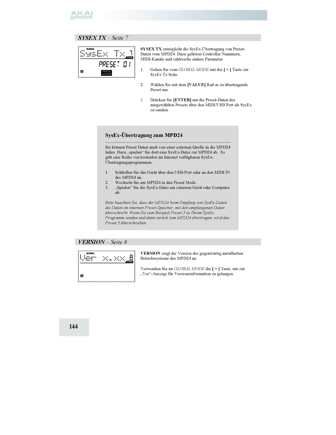 Akai manual 144, Sysex TX Seite, SysEx-Übertragung zum MPD24 