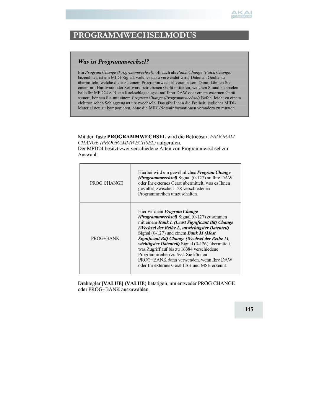 Akai MPD24 manual Programmwechselmodus, 145 