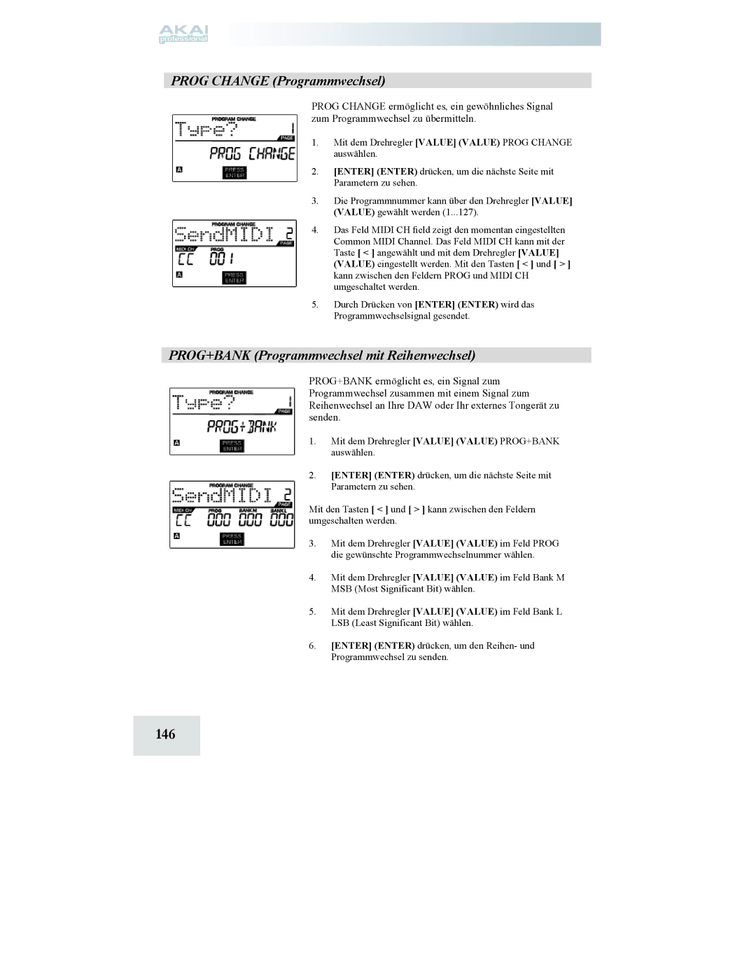 Akai MPD24 manual 146, Prog Change Programmwechsel, PROG+BANK Programmwechsel mit Reihenwechsel 