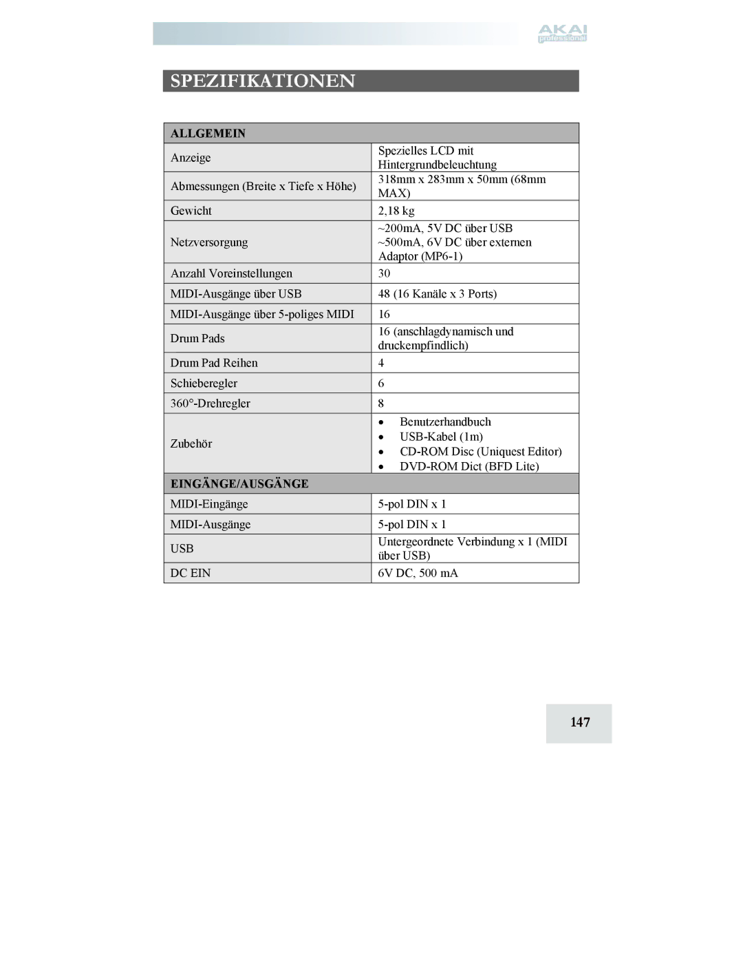 Akai MPD24 manual Spezifikationen, 147, Allgemein, Eingänge/Ausgänge 