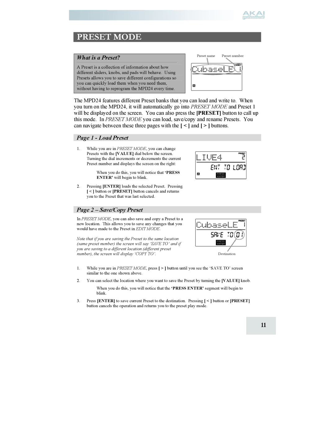 Akai MPD24 manual Preset Mode, What is a Preset?, Load Preset, Save/Copy Preset 