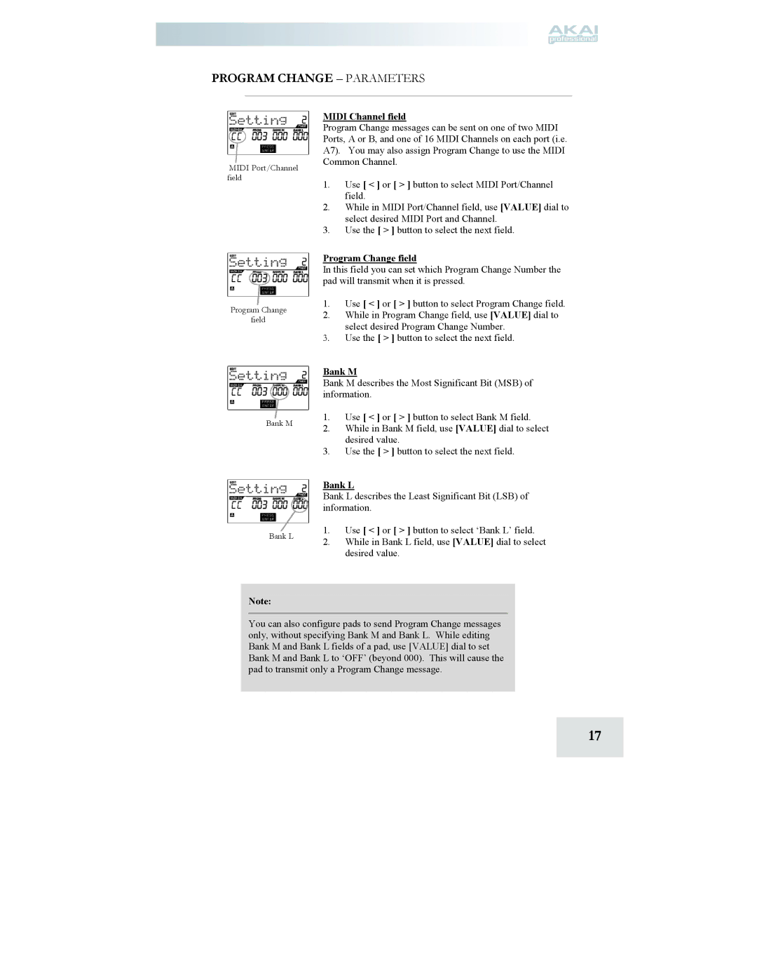 Akai MPD24 manual Program Change Parameters, Program Change field, Bank M, Bank L 