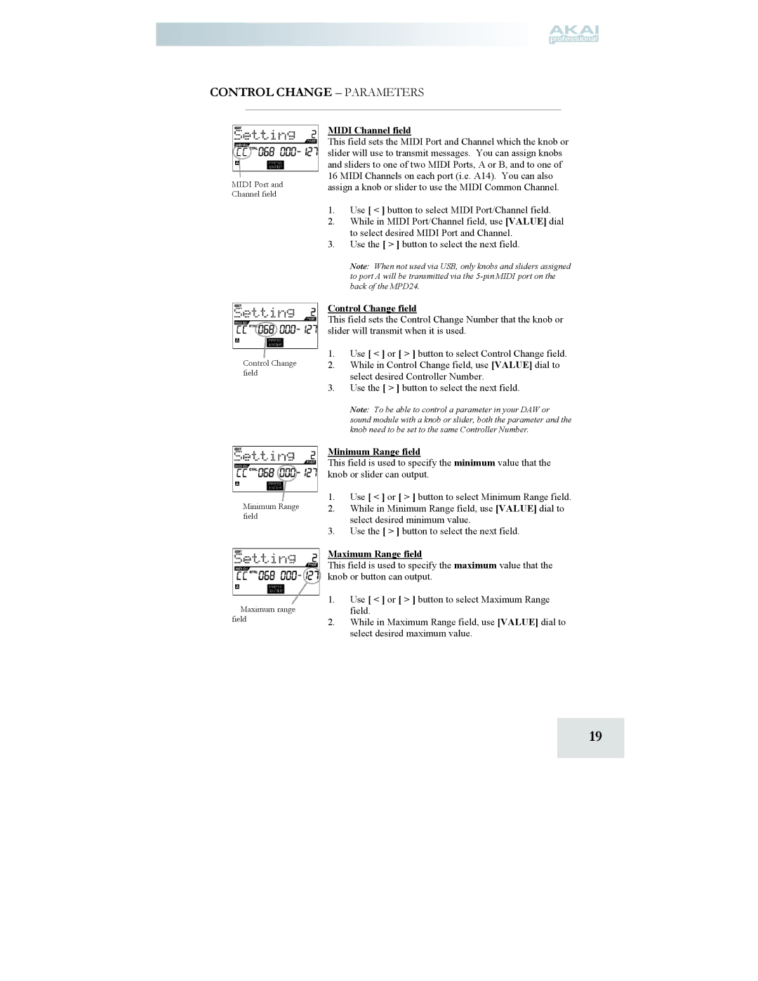 Akai MPD24 manual Control Change Parameters, Control Change field, Minimum Range field, Maximum Range field 