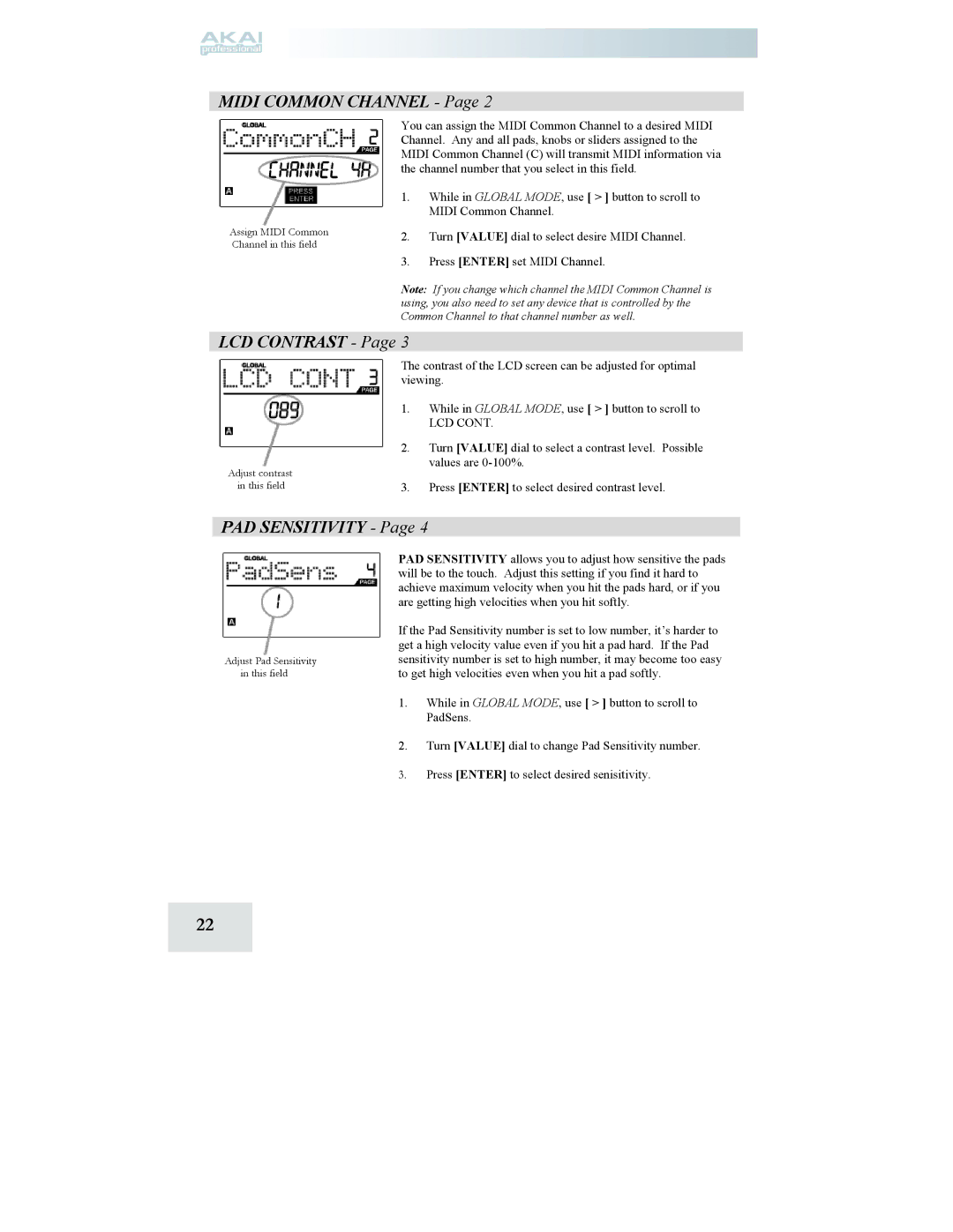 Akai MPD24 manual Midi Common Channel, LCD Contrast, PAD Sensitivity 