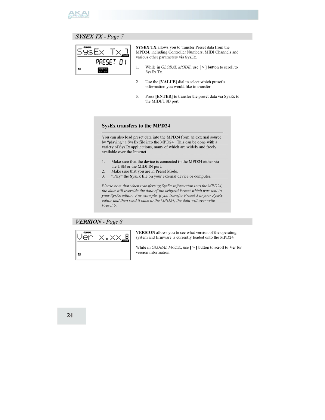 Akai manual Sysex TX, Version, SysEx transfers to the MPD24 