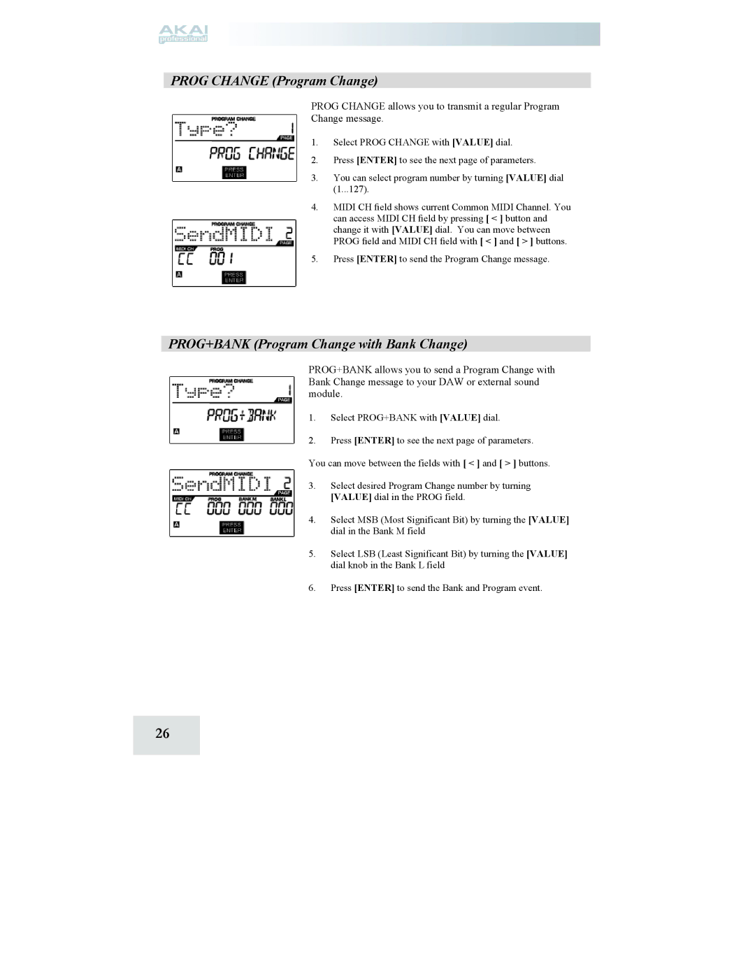 Akai MPD24 manual Prog Change Program Change, PROG+BANK Program Change with Bank Change 