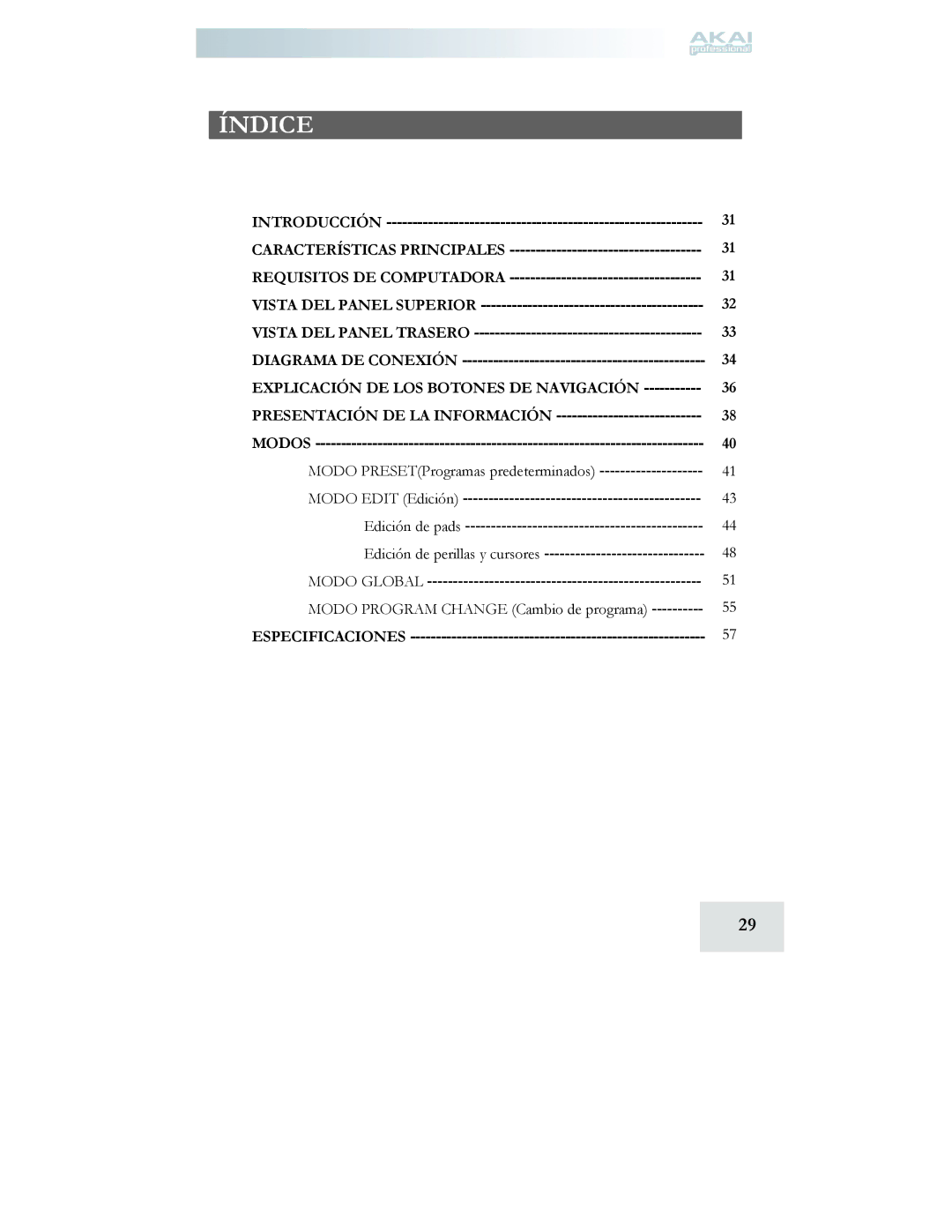 Akai MPD24 manual Índice, Explicación DE LOS Botones DE Navigación 