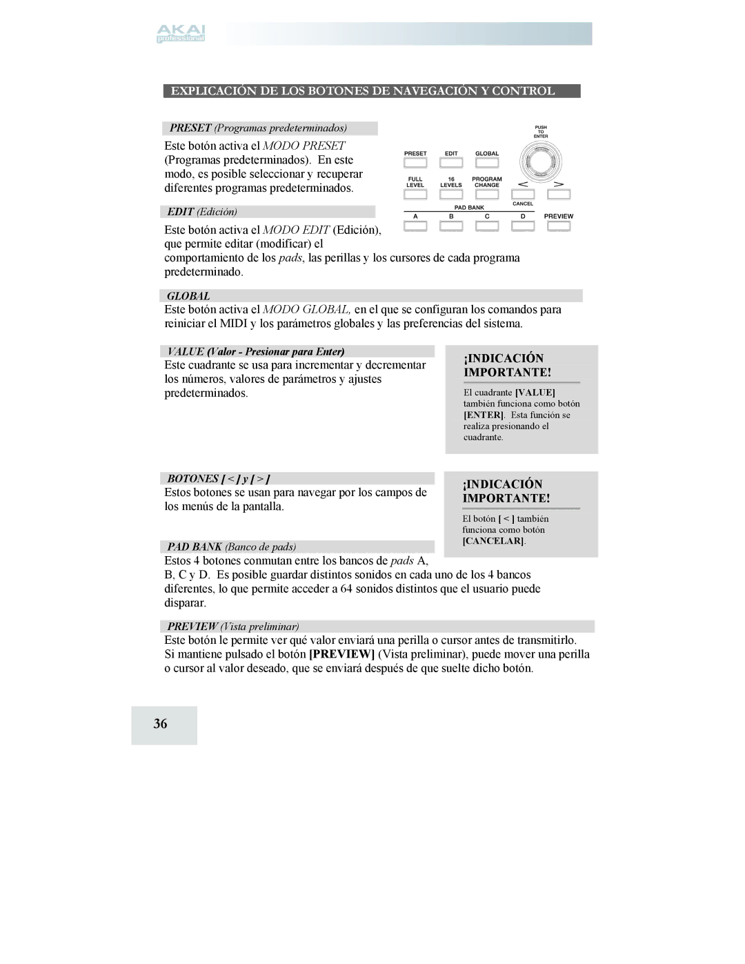 Akai MPD24 manual ¡INDICACIÓN Importante, ¡Indicación 