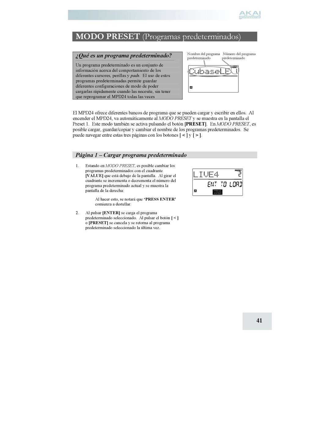 Akai MPD24 manual ¿Qué es un programa predeterminado?, Página 1 Cargar programa predeterminado 