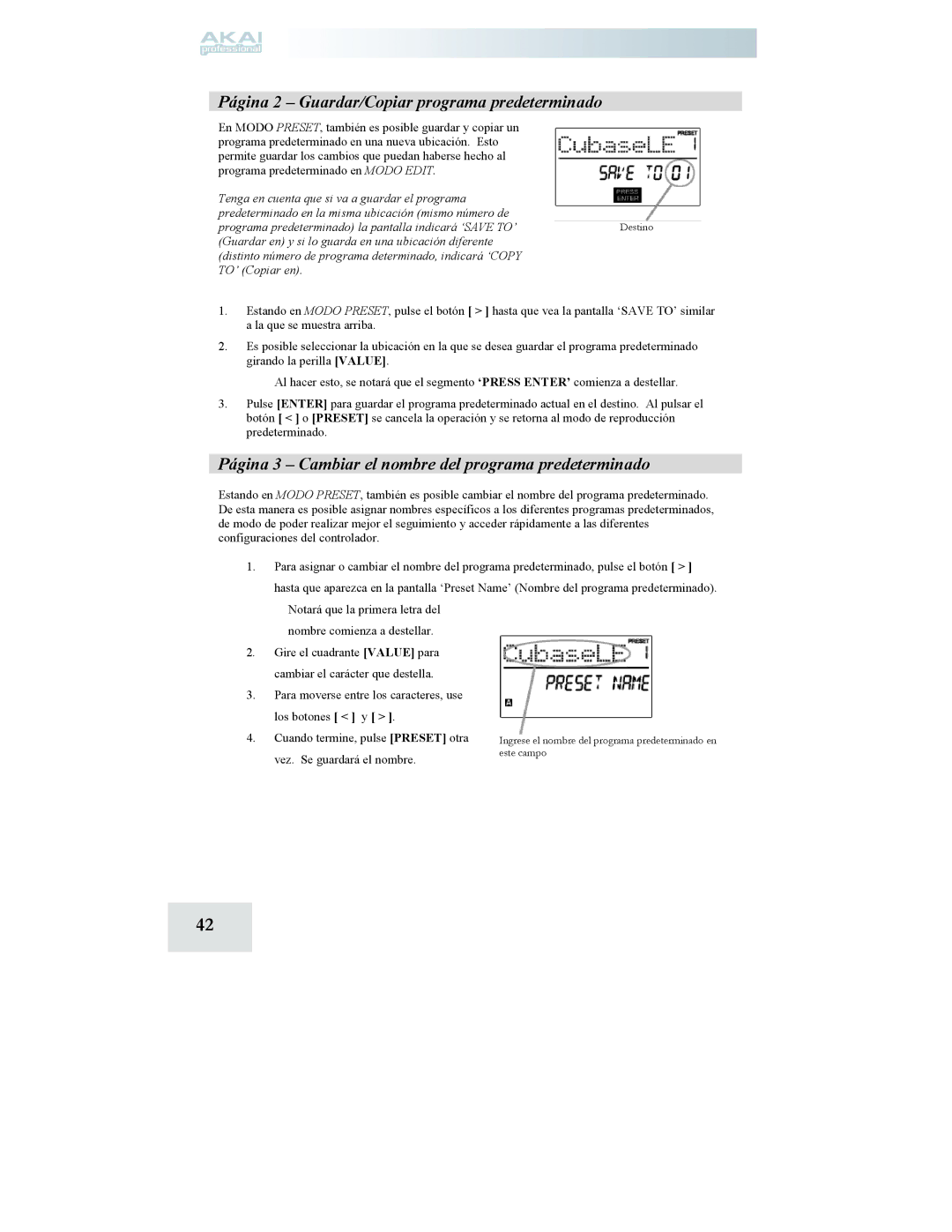 Akai MPD24 manual Página 2 Guardar/Copiar programa predeterminado, Página 3 Cambiar el nombre del programa predeterminado 