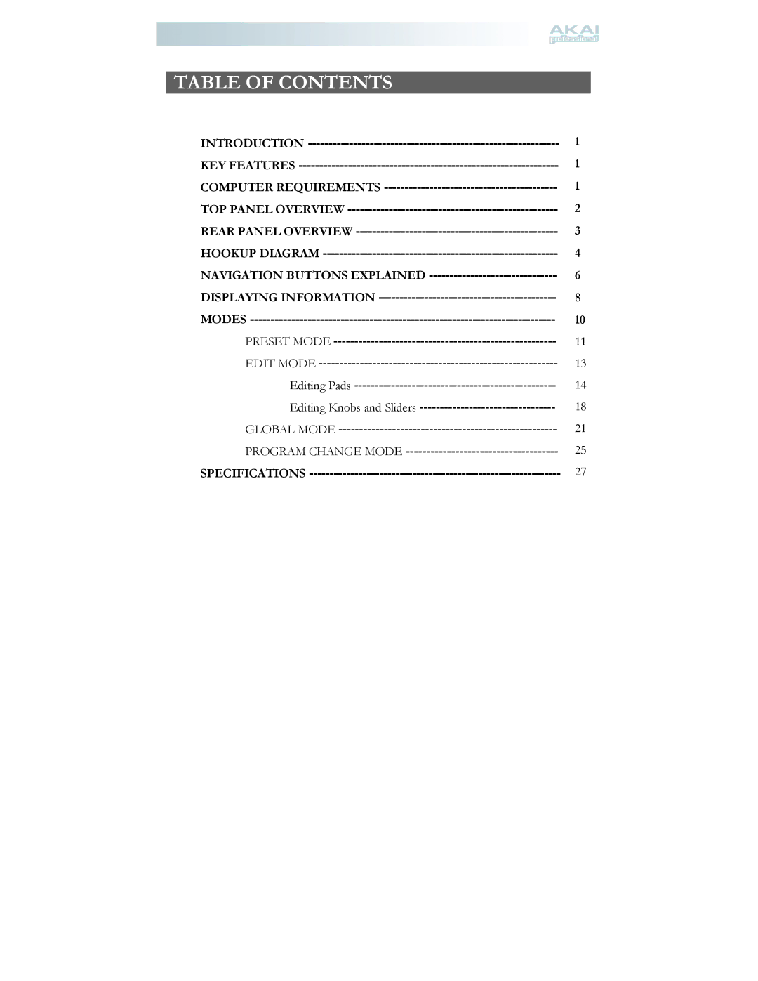 Akai MPD24 manual Table of Contents 