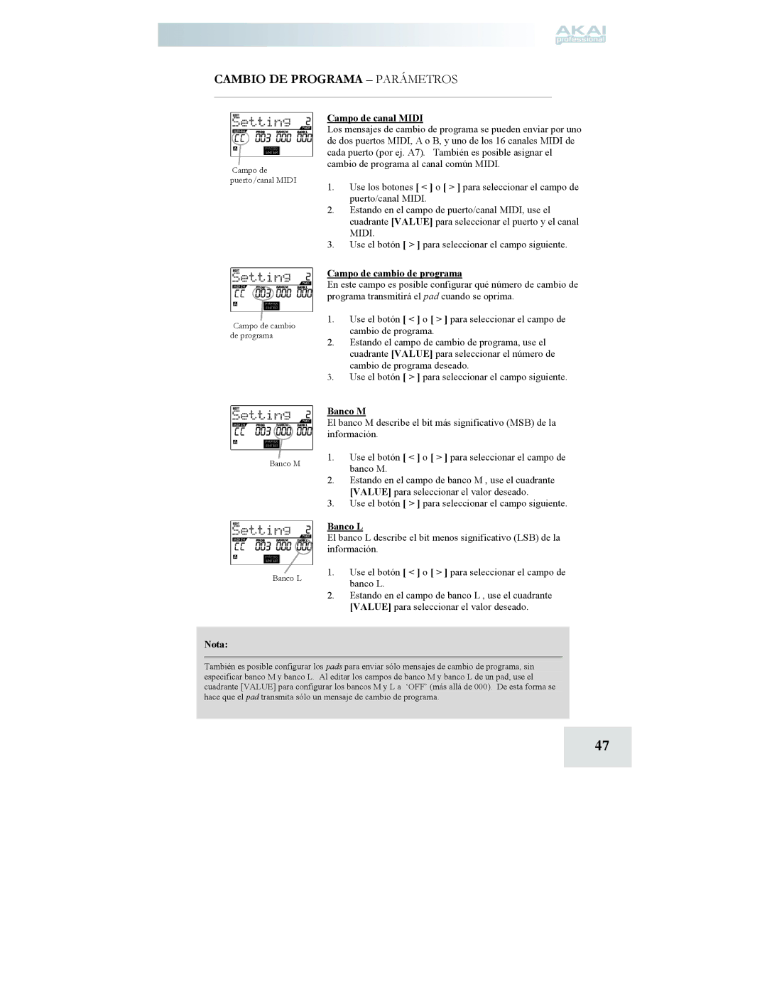 Akai MPD24 manual Cambio DE Programa Parámetros, Campo de cambio de programa, Banco M, Banco L, Nota 