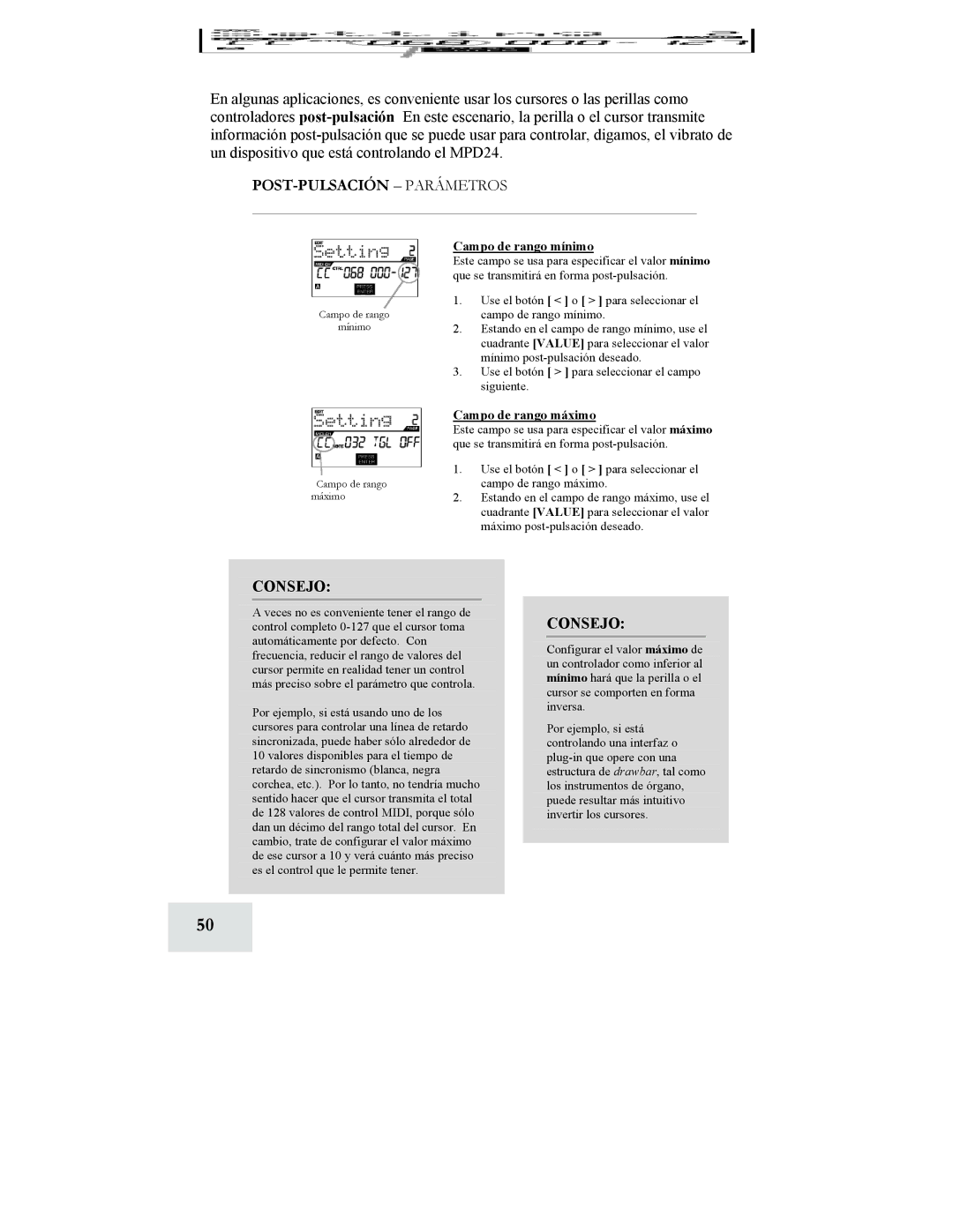 Akai MPD24 manual POST-PULSACIÓN Parámetros, Consejo 