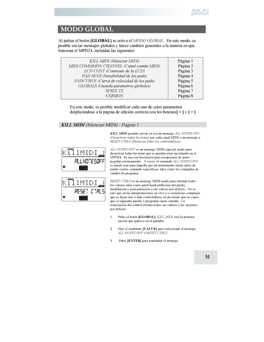 Akai MPD24 manual Modo Global, Kill Midi Silenciar Midi Página 