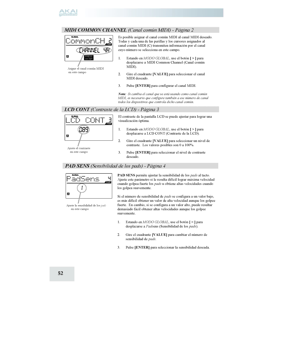 Akai MPD24 manual Midi Common Channel Canal común Midi Página 